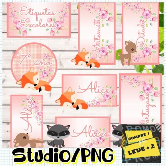 Arquivo Etiqueta Escolar Bosque Rosa Animais Floresta