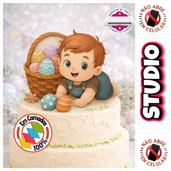Arquivo Topo de Bolo Páscoa Bebe com Ovo Feliz Páscoa