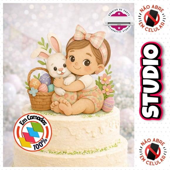 Arquivo Topo de Bolo Páscoa Menina com Coelho Feliz Páscoa