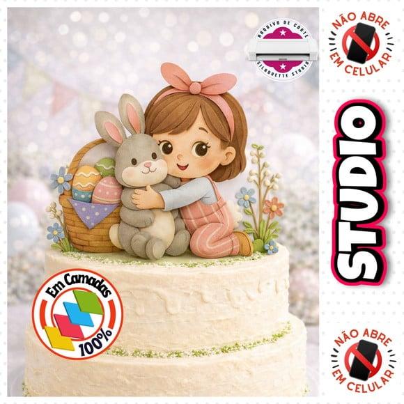 Arquivo Topo de Bolo Páscoa Menina com Coelho Feliz Páscoa