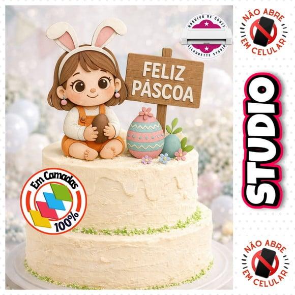 Arquivo Topo de Bolo Páscoa Menina com Ovo Feliz Páscoa