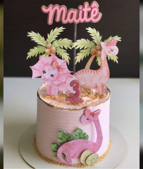 Arquivo Topo de Bolo Dinossauro Aquarelado Rosa *Studio