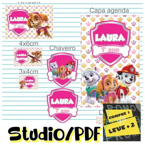 Arquivo Etiqueta Escolar Skye e Everest Patrulha Canina Rosa