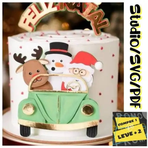 Arquivo Topo de Bolo Natal Papai Noel no Fusca em Camadas