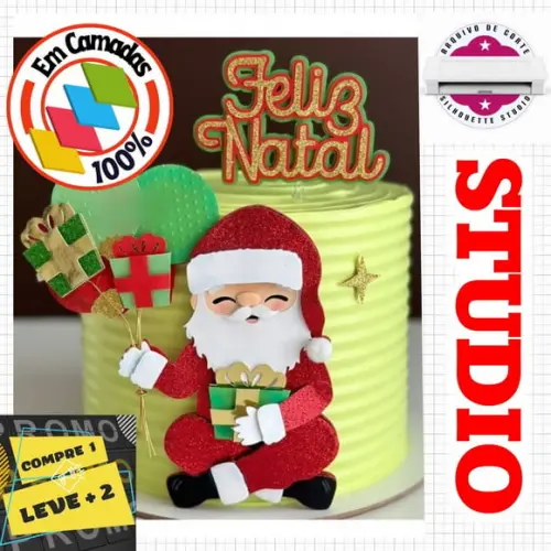 Arquivo Topo de Bolo Natal Papai Noel Sentado com Balões