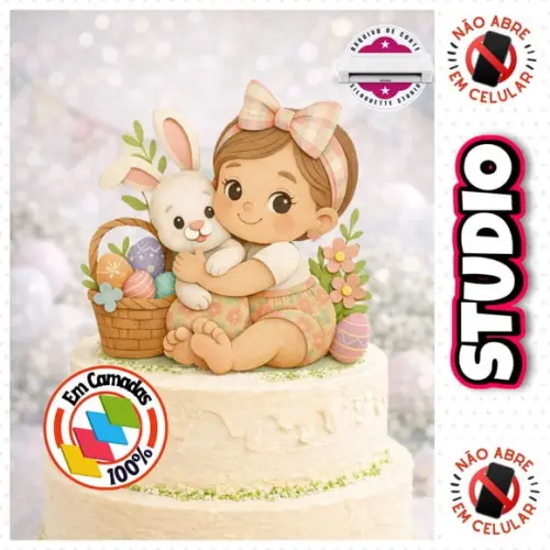 Arquivo Topo de Bolo Páscoa Menina com Coelho Feliz Páscoa