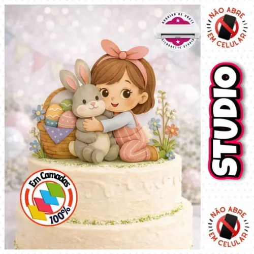 Arquivo Topo de Bolo Páscoa Menina com Coelho Feliz Páscoa