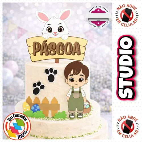 Arquivo Topo de Bolo Páscoa Menino Caça aos Ovos Jardim