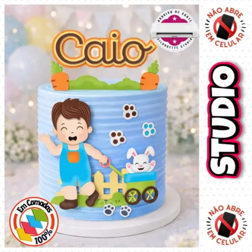 Arquivo Topo de Bolo Páscoa Menino Puxando Carrinho Coelho