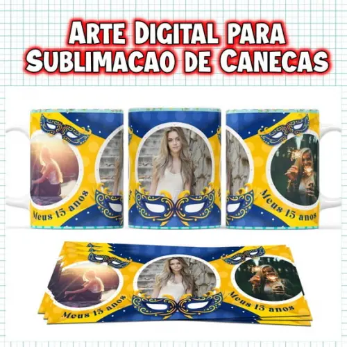 Arte Sublimação para Caneca Festa Baile de Mascara 15 Anos
