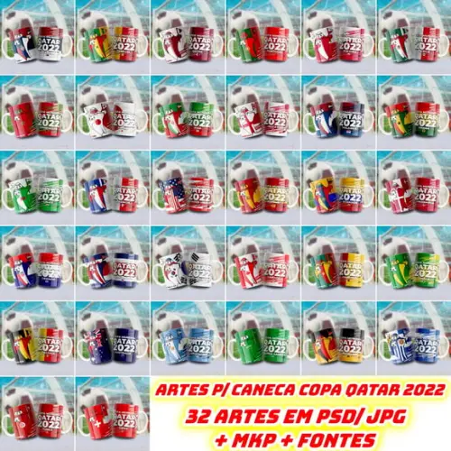 Kit 32 Artes para Caneca Copa Qatar 2022 Arquivo Digital