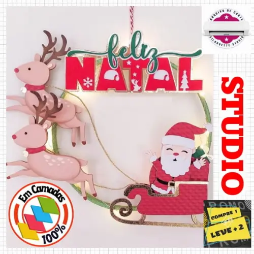 Arquivo Corte Topo de Bolo Natalino Papai Noel Puxando Renas
