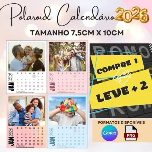 Arquivo de Corte Calendário Polaroid 2026 Png e Canva