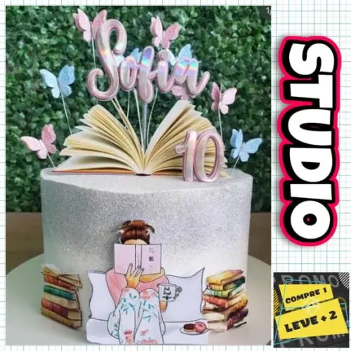 Arquivo de Corte Topo de Bolo Moça Lendo Livro Aberto Studio