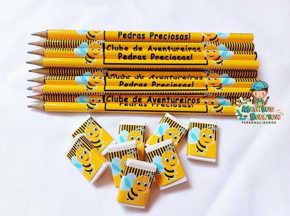 25 Kits Lápis e Borracha Personalizado Abelinha