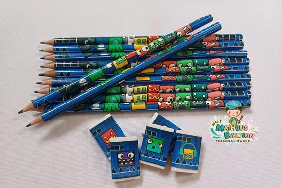 25 Kits Lápis e Borracha Personalizado Geometry Dash