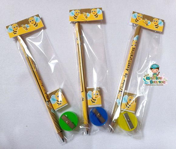 25 Kits Lápis, Borracha e Apontador Personalizado Abelinha
