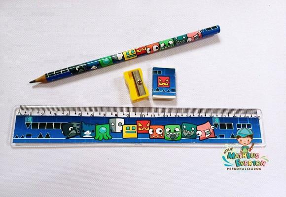 25 Kits Lápis, Borracha, Régua e Apontador Geometry Dash