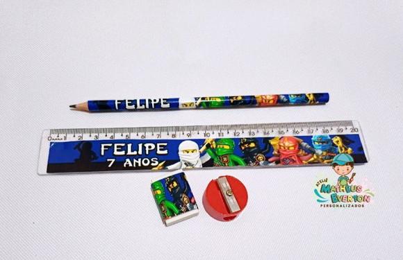 25 Kits Lápis, Borracha, Régua e Apontador Ninjago