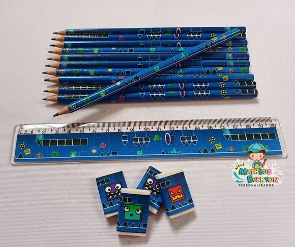 25 Kits Lápis, Régua e Borracha Personalizado Geometry Dash