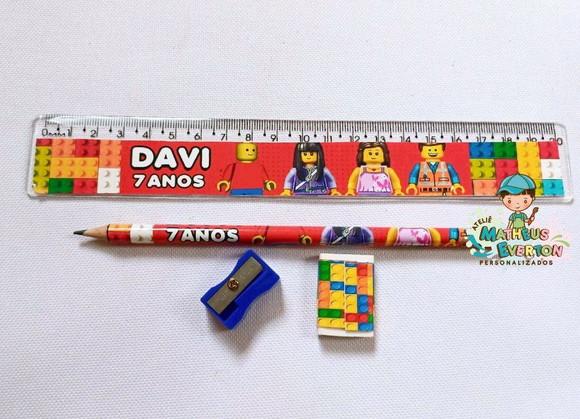 30 Kits Lápis, Régua, Borracha e Apontador Lego Atu