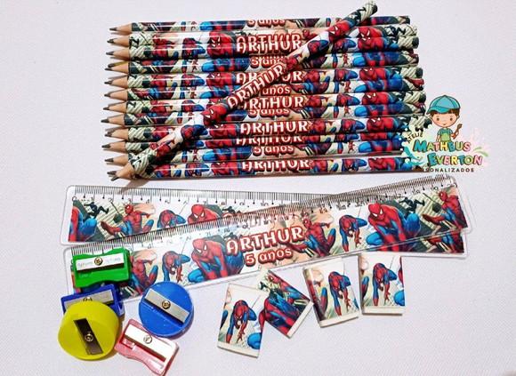 35 Kits Lápis, Borracha, Régua e Apontador Homem Aranha