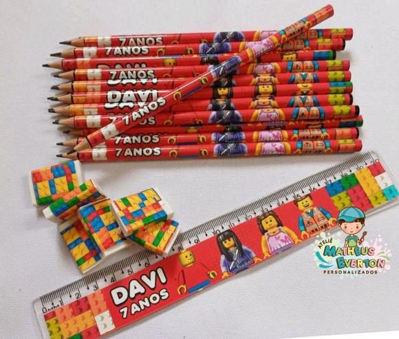 35 Kits Lápis, Régua e Borracha Lego