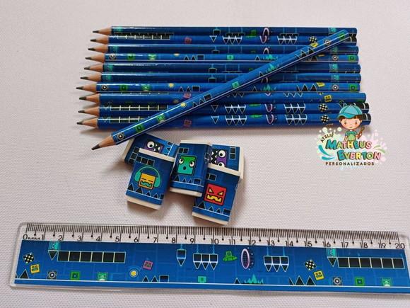 35 Kits Lápis, Régua e Borracha Personalizado Geometry Dash