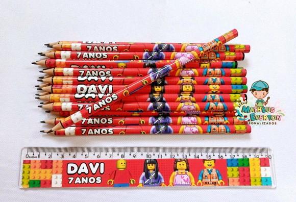 40 Kits Lápis e Régua Personalizado Lego Atu
