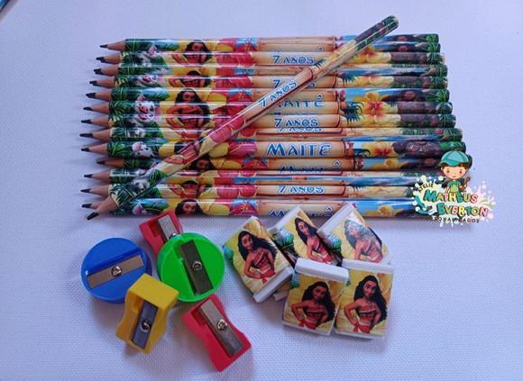 40 Kits Lápis, Borracha e Apontador Personalizado Moana