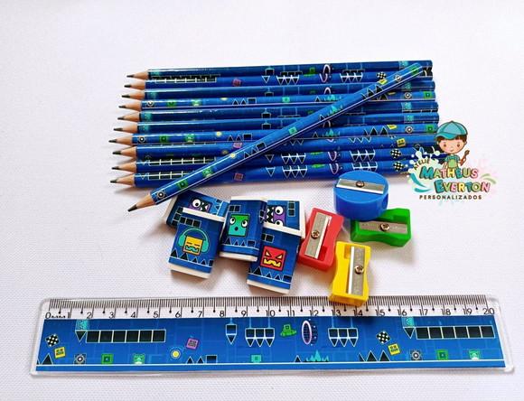 40 Kits Lápis, Borracha, Régua e Aponta9dor Geometry Dash