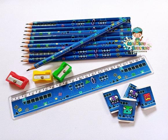 40 Kits Lápis, Borracha, Régua e Aponta9dor Geometry Dash