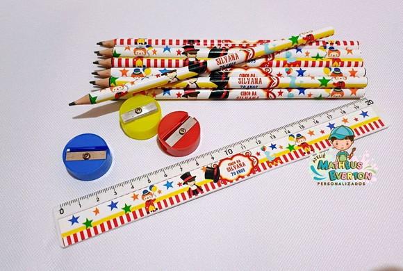 40 Kits Lápis, Régua e Apontador Personalizado Circo