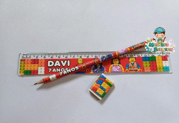 40 Kits Lápis, Régua e Borracha Personalizado Lego Atu