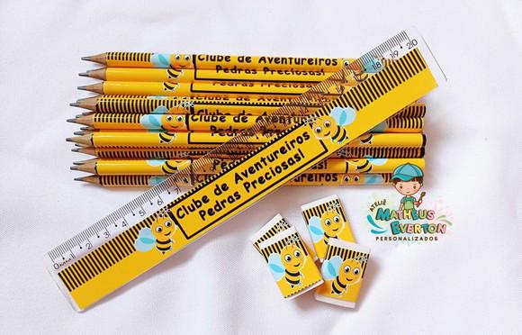 40 Lápis, 40 Réguas e 40 Borrachas Personalizado Abelinha