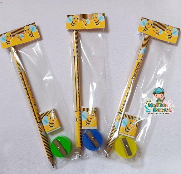 45 Kits Lápis, Borracha e Apontador Personalizado Abelinha