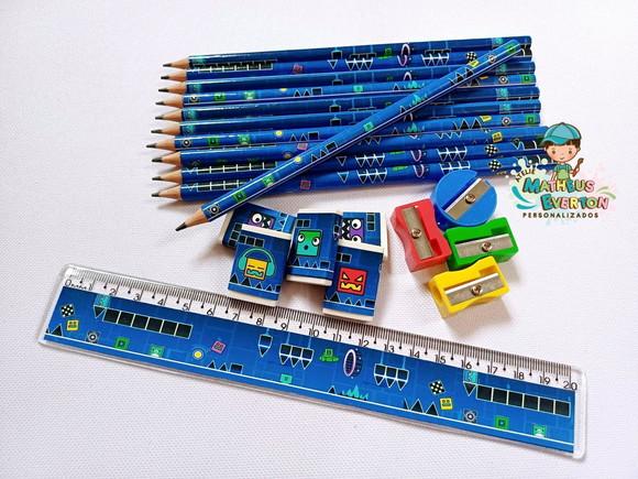 45 Kits Lápis, Borracha, Régua e Apontador Geometry Dash
