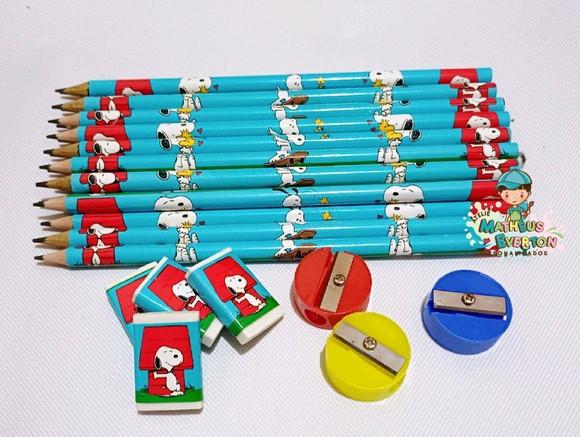 50 Kits Lapis, Borracha e Apontador Personalizado Snoopy