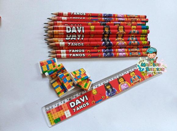 50 Kits Lápis, Régua e Borracha Personalizado Lego Atu