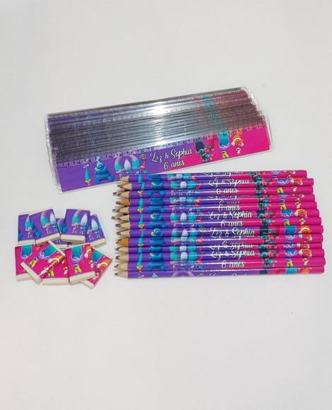 80 Kit Lápis, Régua e Borracha + 80 Lapis Trolls