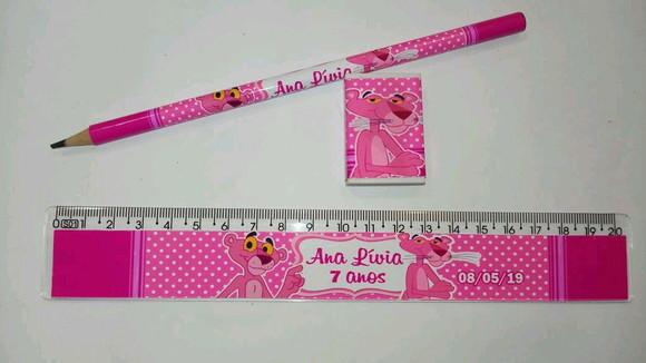 Kit Lapis e Regua Borracha Personalizado Pantera Cor de Rosa