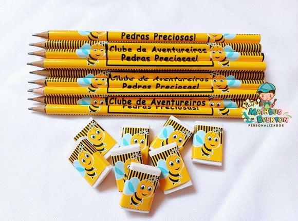 25 Kits Lápis e Borracha Personalizado Abelinha