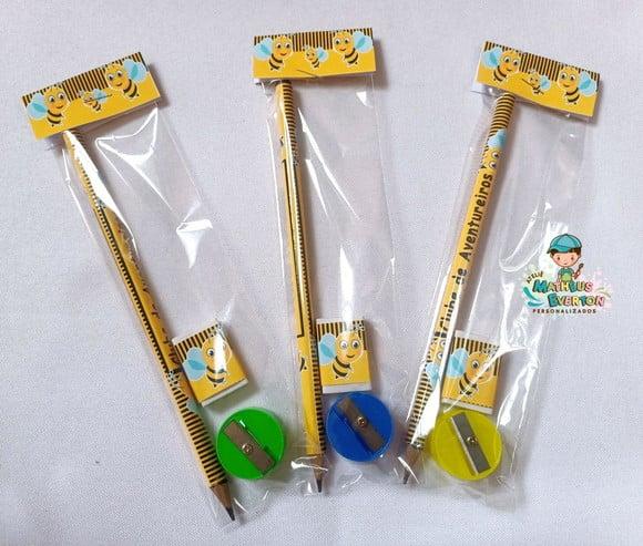 25 Kits Lápis, Borracha e Apontador Personalizado Abelinha