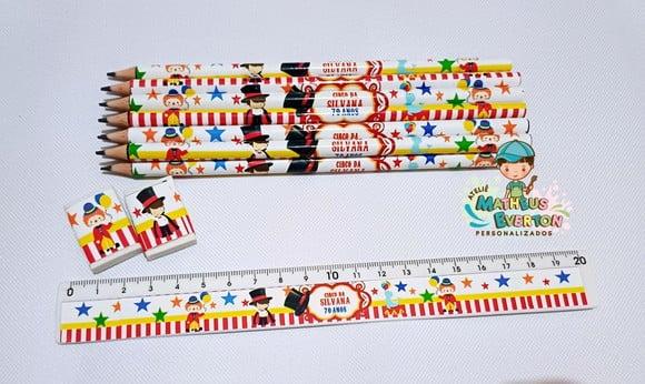 25 Kits Lápis, Régua e Borracha Personalizado Circo