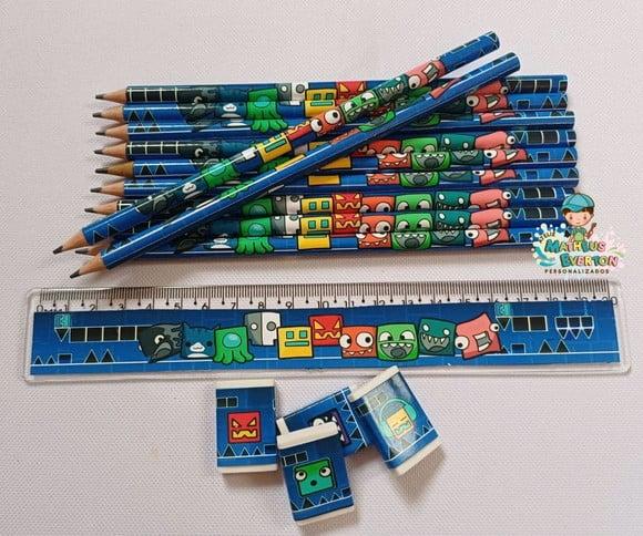 25 Kits Lápis, Régua e Borracha Personalizado Geometry Dash