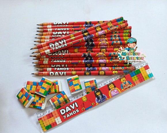25 Kits Lápis, Régua e Borracha Personalizado Lego Atu