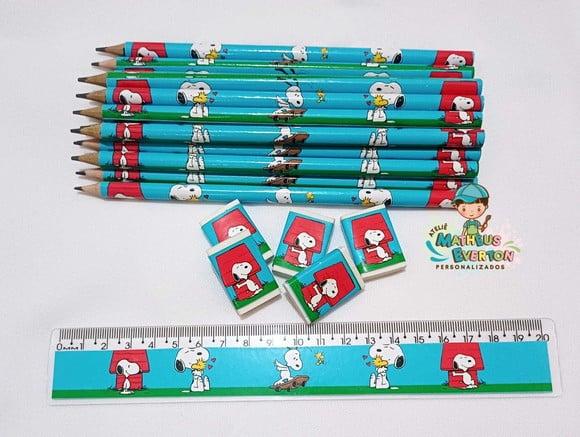 25 Kits Lápis, Regua e Borracha Personalizado Snoopy