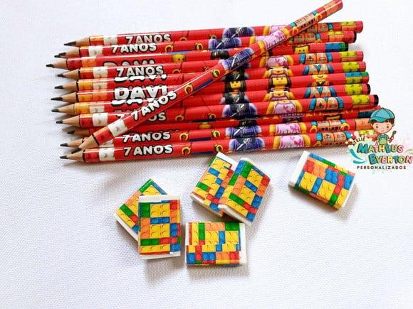 30 Kits Lápis e Borracha Personalizado Lego Atu