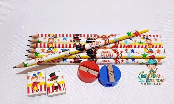 30 Kits Lápis, Borracha e Apontador Personalizado Circo