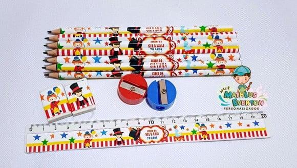 30 Kits Lápis, Borracha, Régua e Apontador Circo